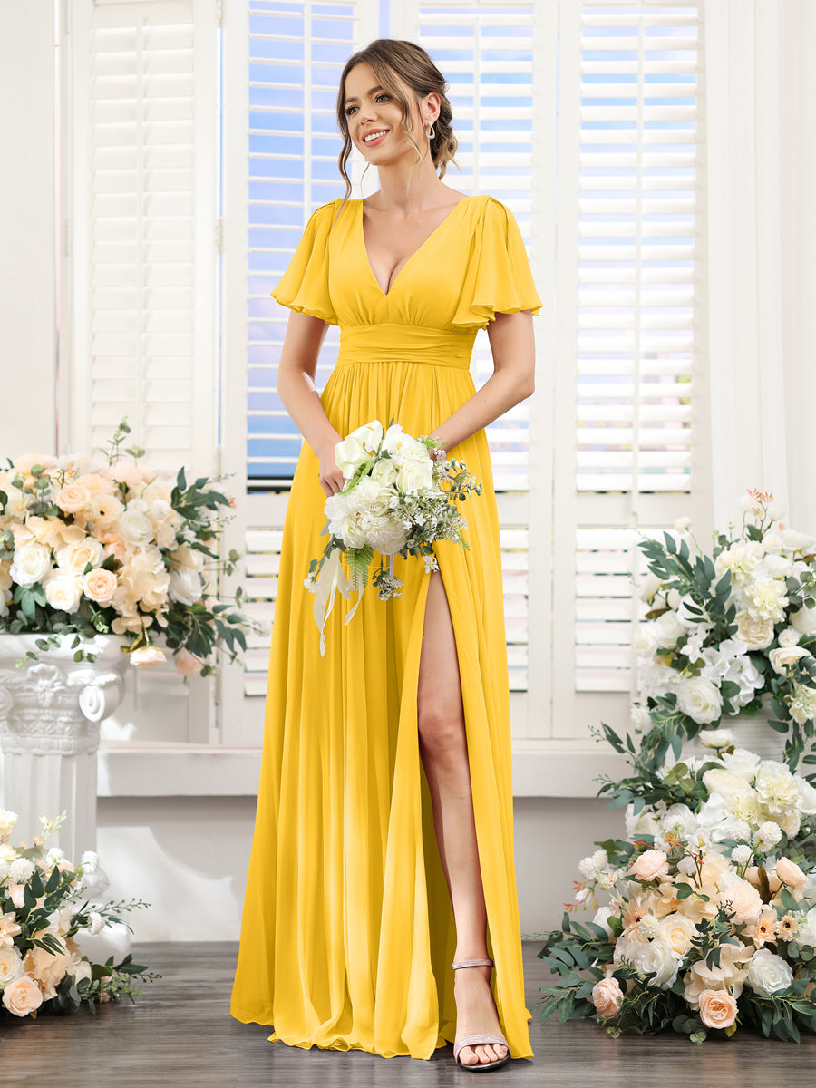 A-Line V-Neck Short Sleeves Split Side Floor-Length Chiffon Bridesmaid Dresses Gold