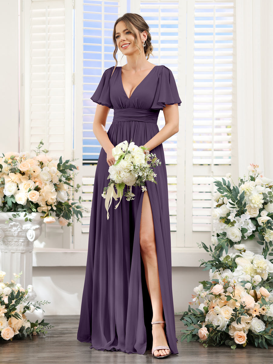 A-Line V-Neck Short Sleeves Split Side Floor-Length Chiffon Bridesmaid Dresses Grape