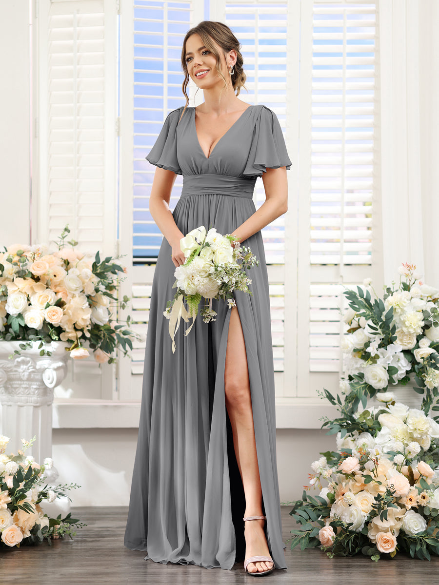 A-Line V-Neck Short Sleeves Split Side Floor-Length Chiffon Bridesmaid Dresses Gray