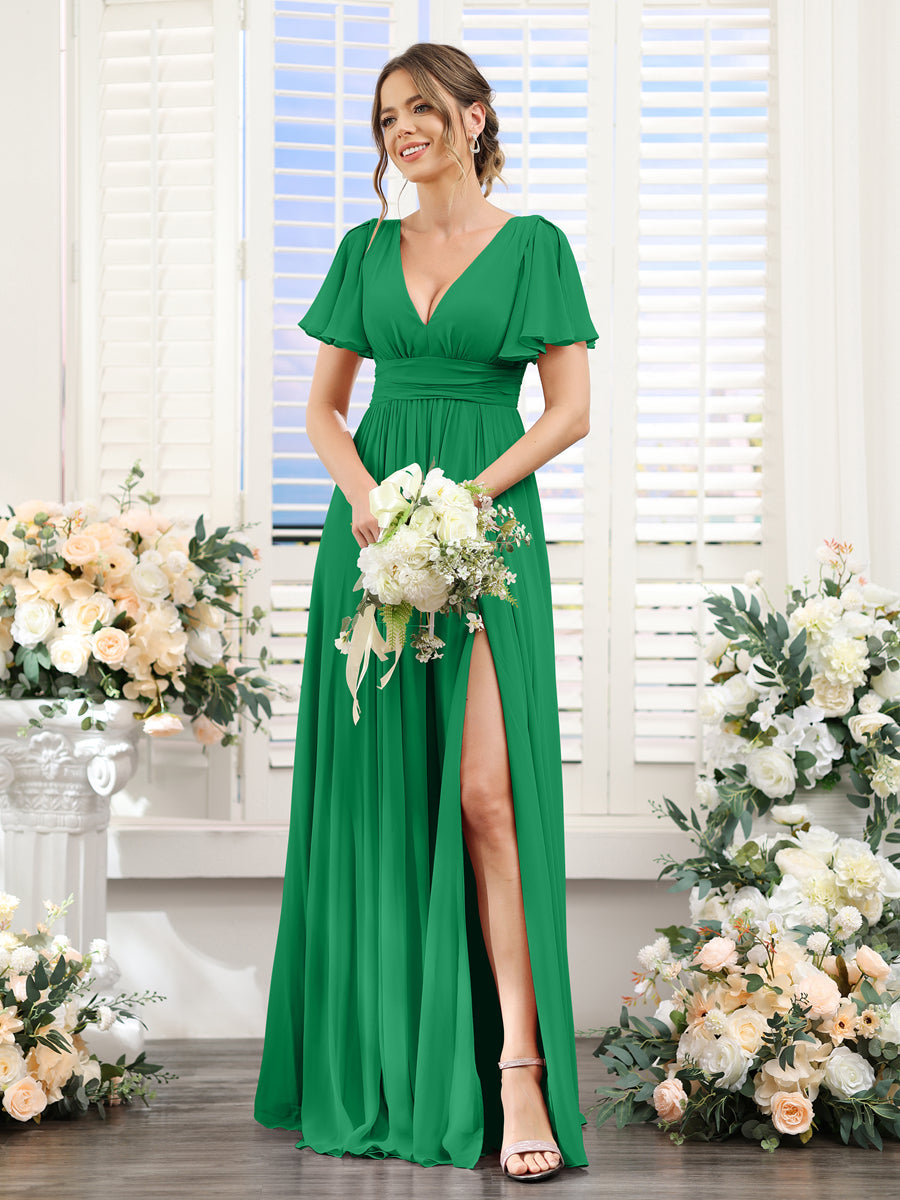 A-Line V-Neck Short Sleeves Split Side Floor-Length Chiffon Bridesmaid Dresses Green
