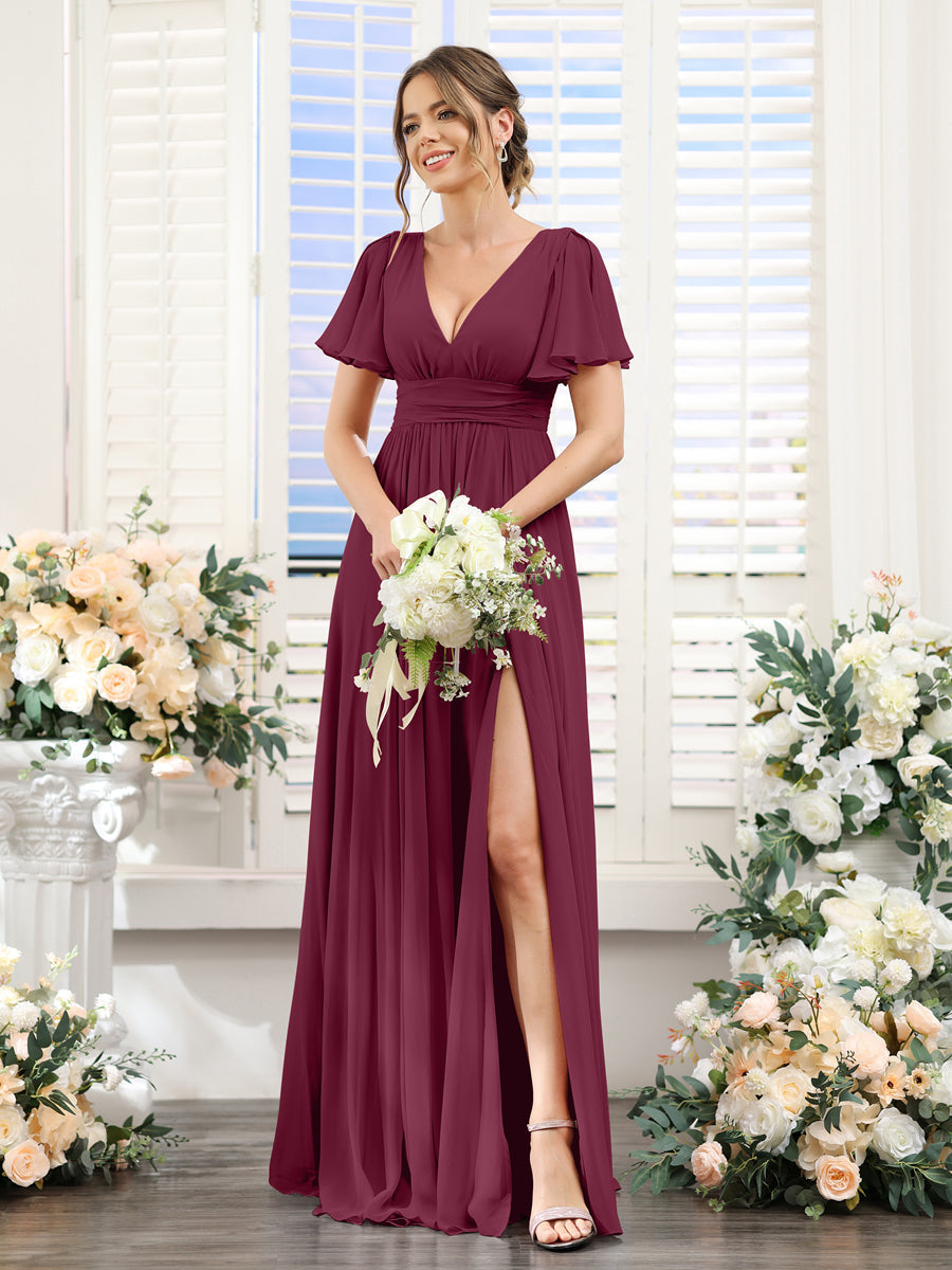 A-Line V-Neck Short Sleeves Split Side Floor-Length Chiffon Bridesmaid Dresses Light Burgundy