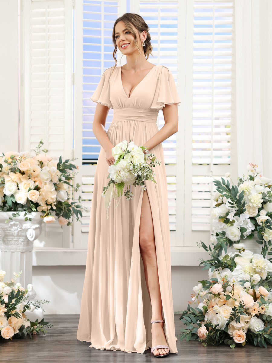 A-Line V-Neck Short Sleeves Split Side Floor-Length Chiffon Bridesmaid Dresses Light Champagne