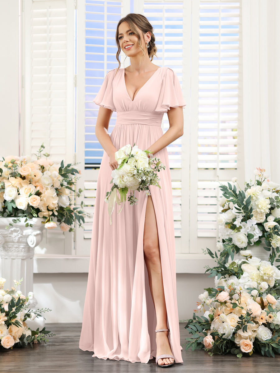 A-Line V-Neck Short Sleeves Split Side Floor-Length Chiffon Bridesmaid Dresses Light Pink