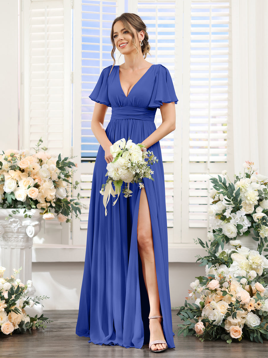 A-Line V-Neck Short Sleeves Split Side Floor-Length Chiffon Bridesmaid Dresses Light Royal Blue
