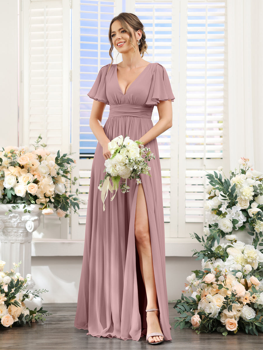 A-Line V-Neck Short Sleeves Split Side Floor-Length Chiffon Bridesmaid Dresses Mauve
