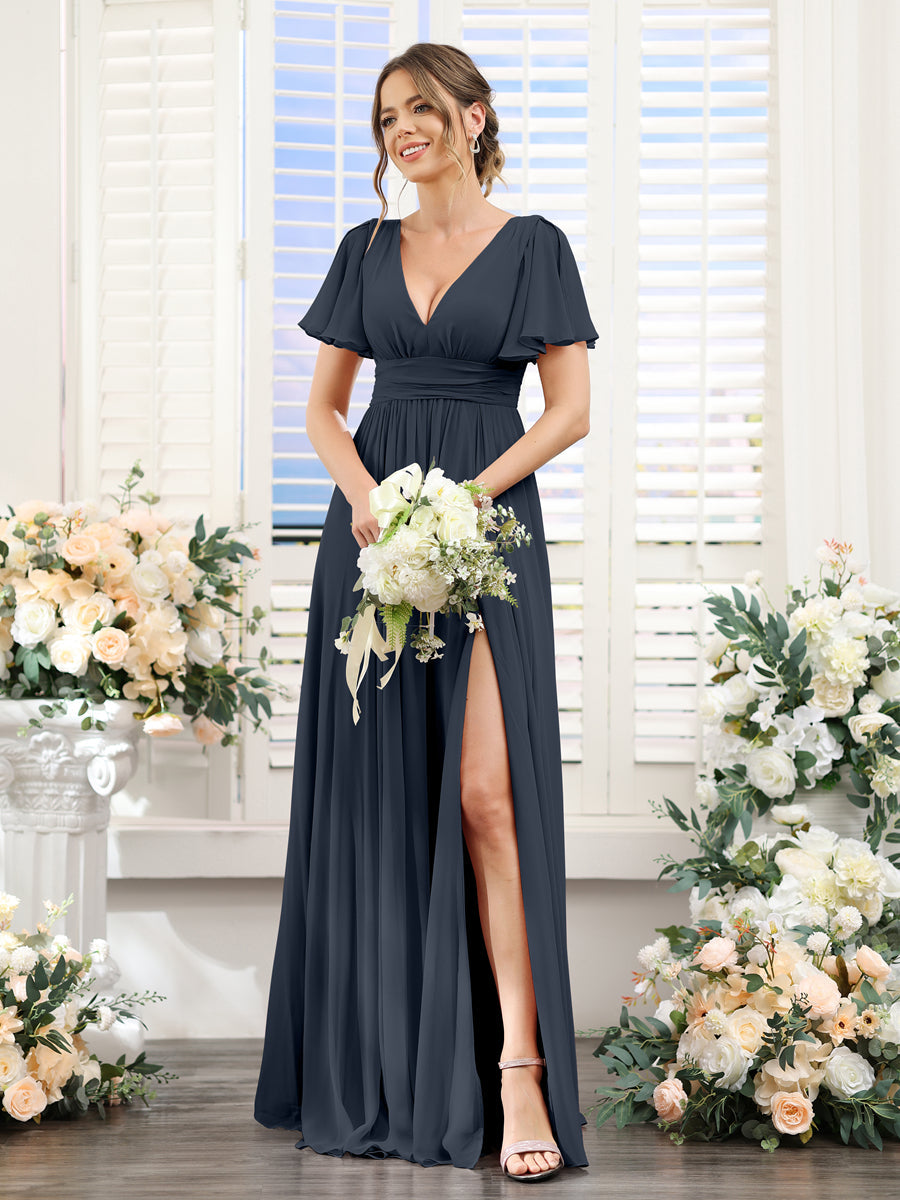 A-Line V-Neck Short Sleeves Split Side Floor-Length Chiffon Bridesmaid Dresses Navy Blue