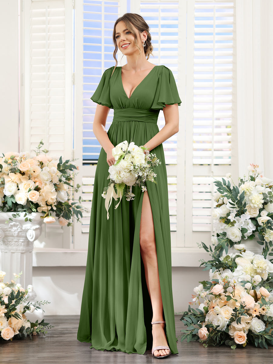 A-Line V-Neck Short Sleeves Split Side Floor-Length Chiffon Bridesmaid Dresses Olive Green
