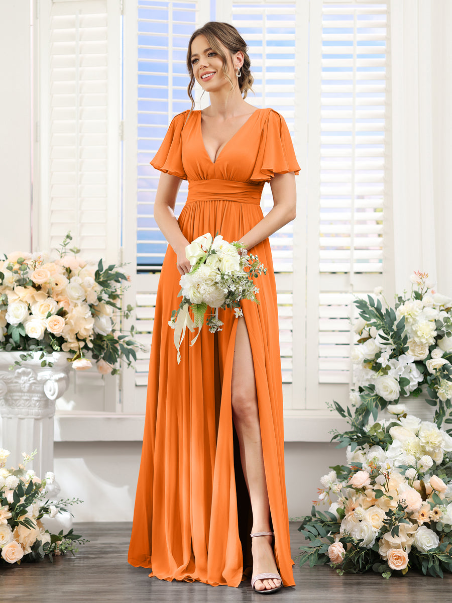 A-Line V-Neck Short Sleeves Split Side Floor-Length Chiffon Bridesmaid Dresses Orange