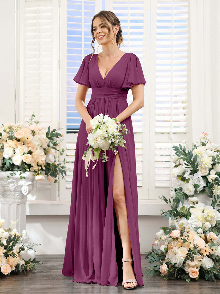 A-Line V-Neck Short Sleeves Split Side Floor-Length Chiffon Bridesmaid Dresses Orchid