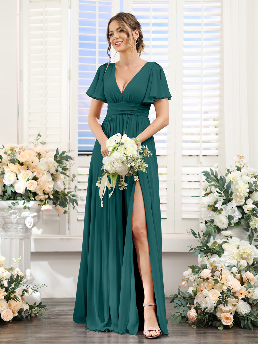 A-Line V-Neck Short Sleeves Split Side Floor-Length Chiffon Bridesmaid Dresses Peacock