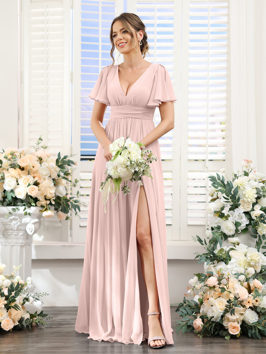 A-Line V-Neck Short Sleeves Split Side Floor-Length Chiffon Bridesmaid Dresses Pearl Pink