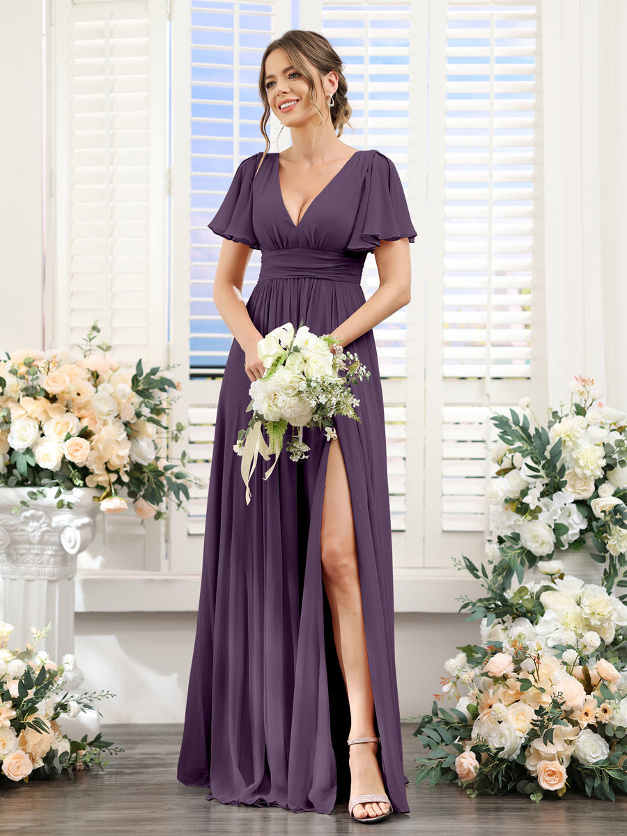 A-Line V-Neck Short Sleeves Split Side Floor-Length Chiffon Bridesmaid Dresses Plum