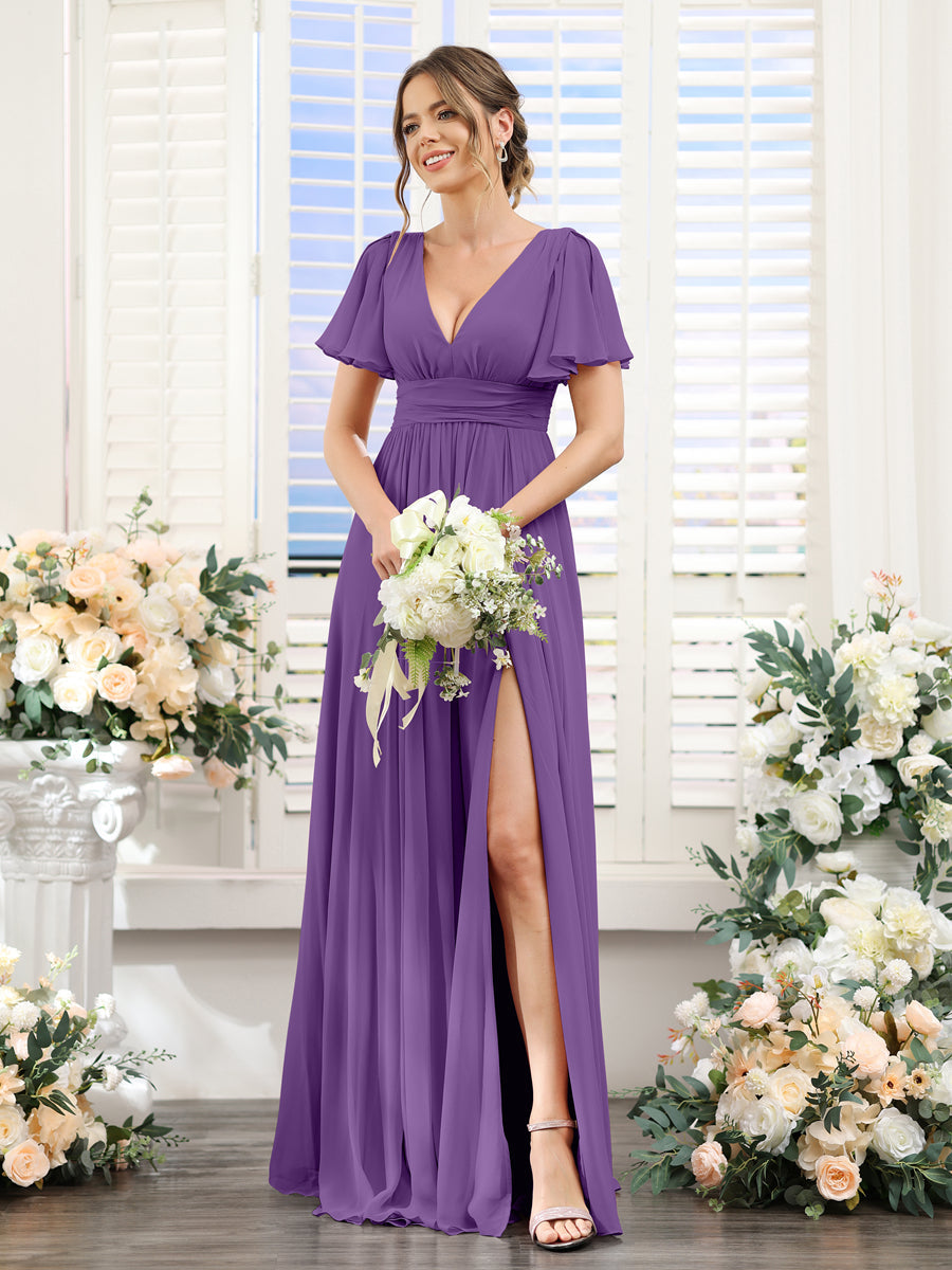 A-Line V-Neck Short Sleeves Split Side Floor-Length Chiffon Bridesmaid Dresses Purple