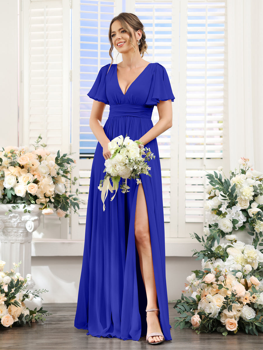 A-Line V-Neck Short Sleeves Split Side Floor-Length Chiffon Bridesmaid Dresses Royal Blue