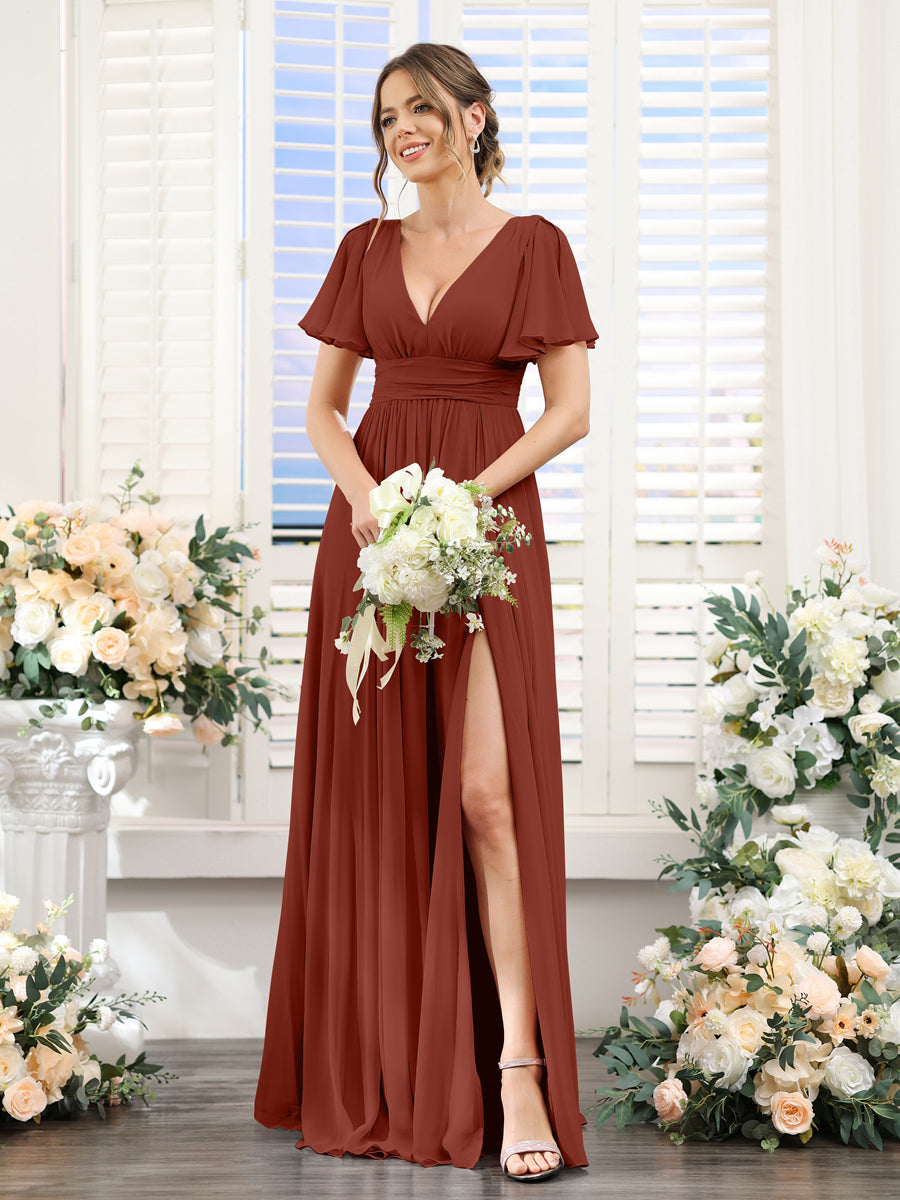 A-Line V-Neck Short Sleeves Split Side Floor-Length Chiffon Bridesmaid Dresses Rust