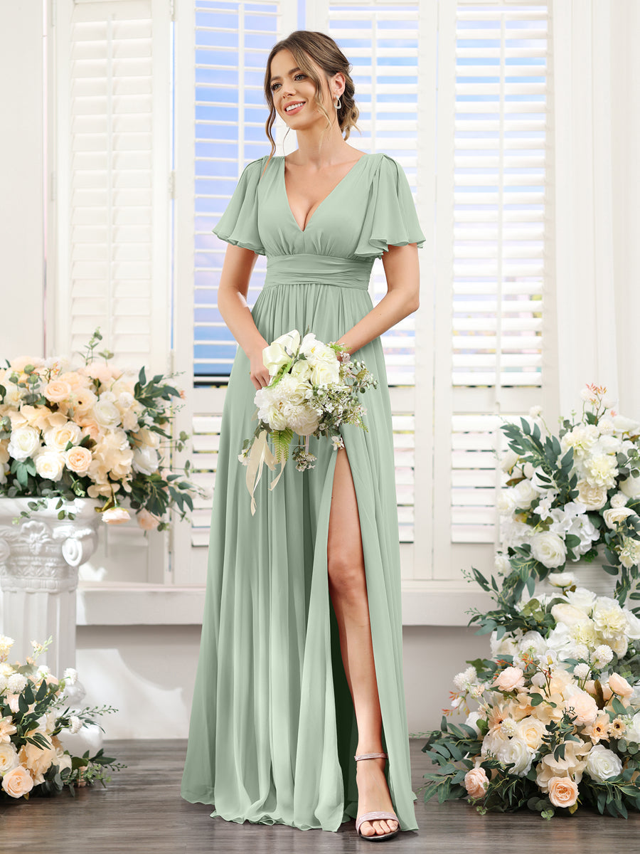 A-Line V-Neck Short Sleeves Split Side Floor-Length Chiffon Bridesmaid Dresses Sage