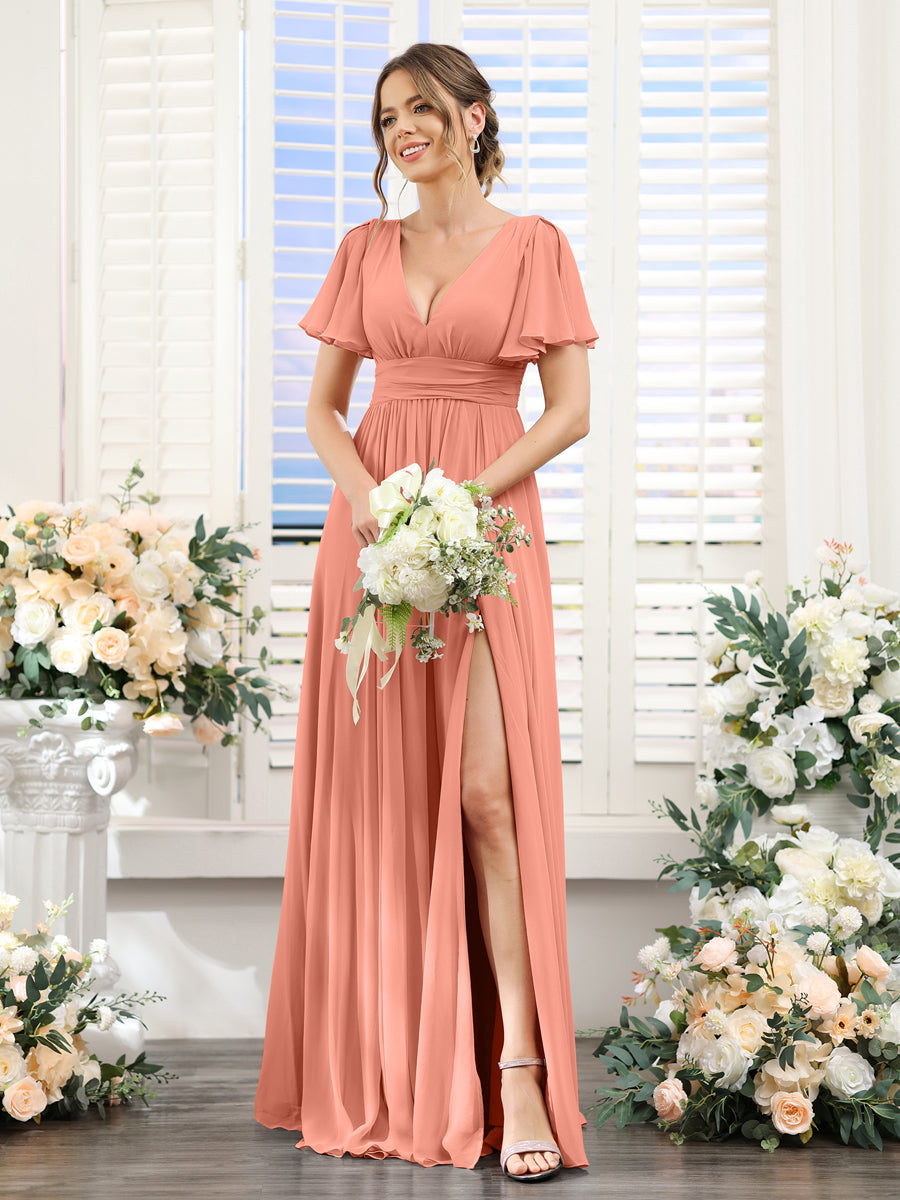 A-Line V-Neck Short Sleeves Split Side Floor-Length Chiffon Bridesmaid Dresses Salmon