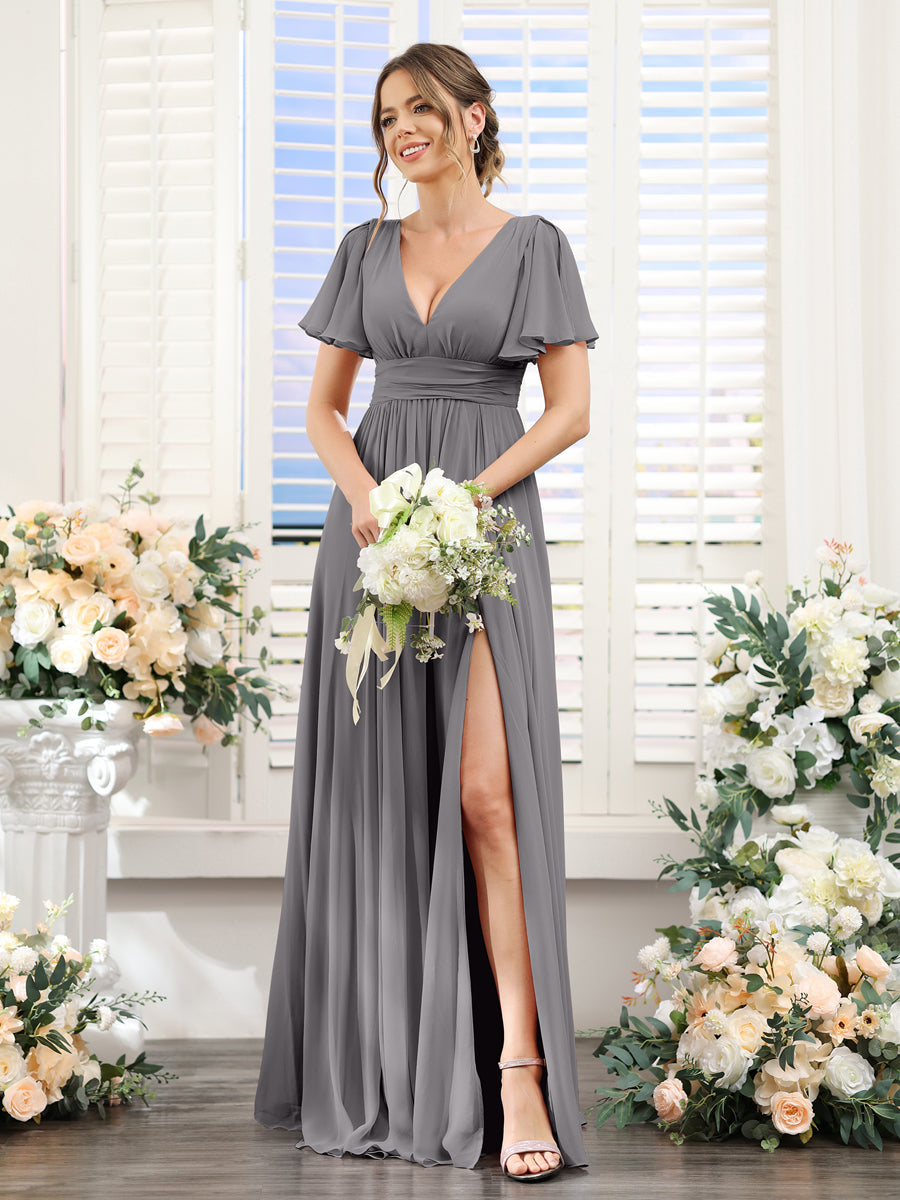 A-Line V-Neck Short Sleeves Split Side Floor-Length Chiffon Bridesmaid Dresses Silver Gray