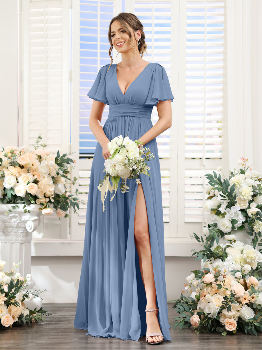 A-Line V-Neck Short Sleeves Split Side Floor-Length Chiffon Bridesmaid Dresses Steel Blue