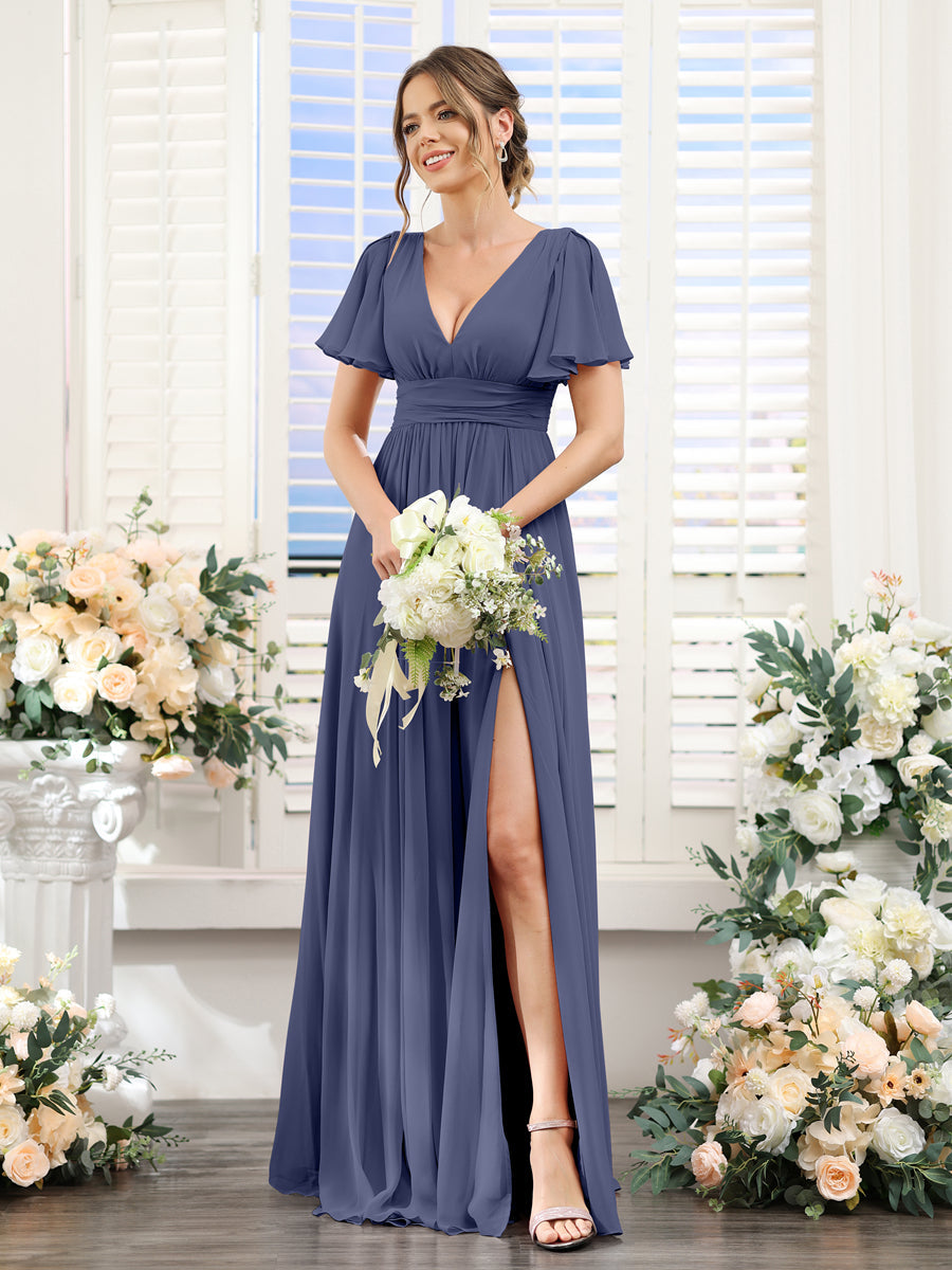A-Line V-Neck Short Sleeves Split Side Floor-Length Chiffon Bridesmaid Dresses Stormy Blue