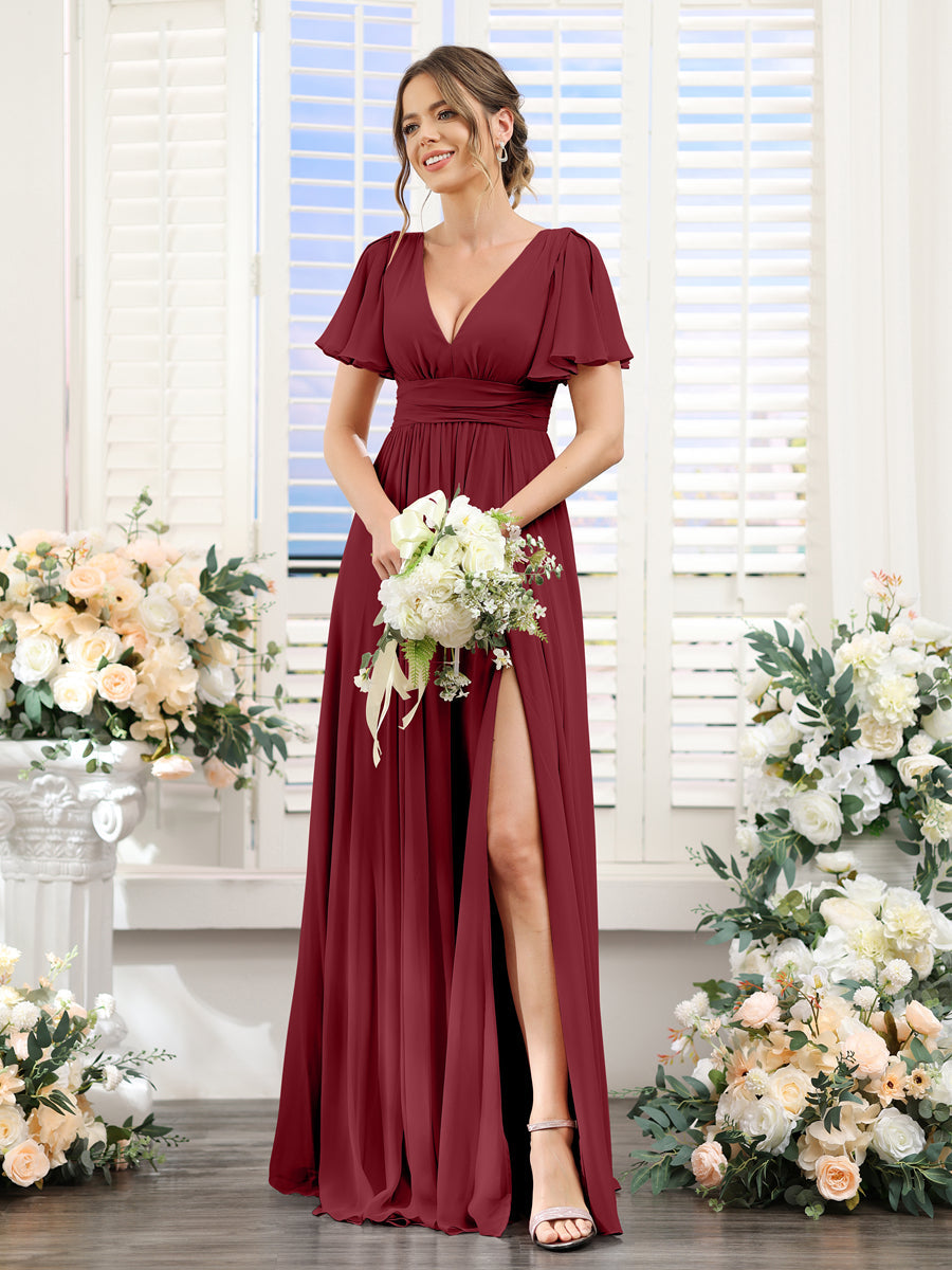 A-Line V-Neck Short Sleeves Split Side Floor-Length Chiffon Bridesmaid Dresses Wine Red
