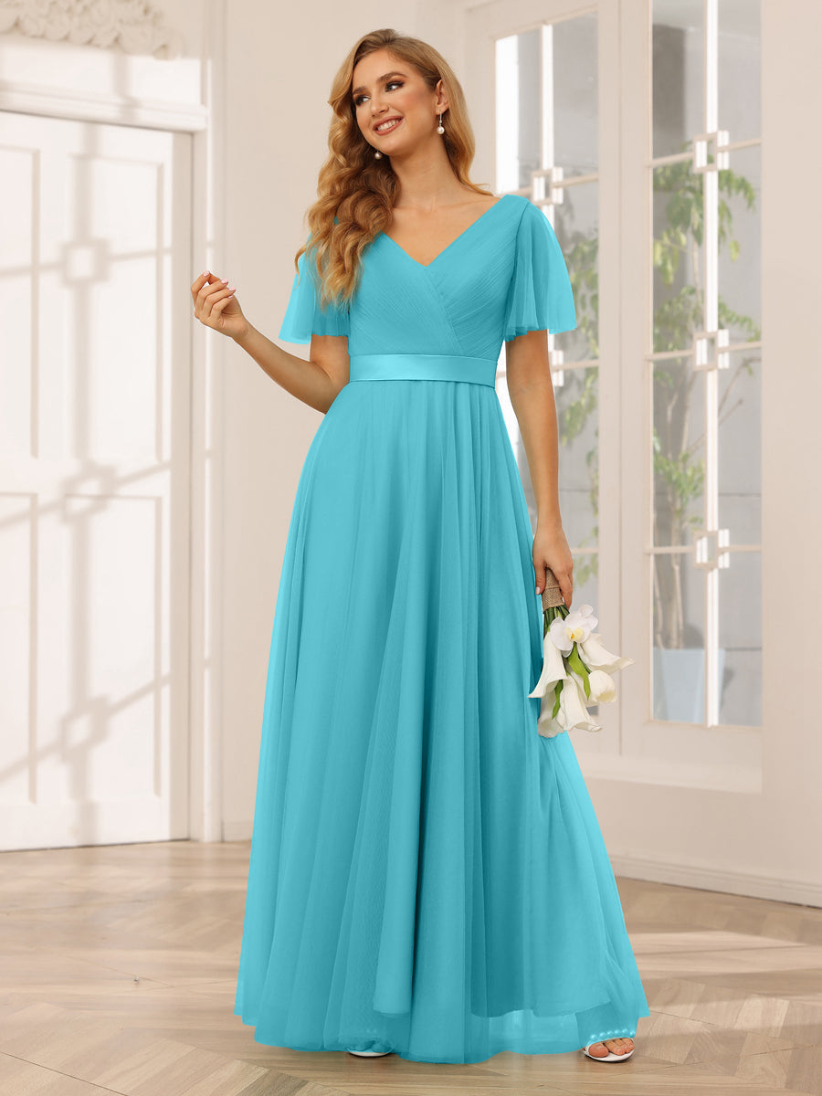 A-Line/Princess Tulle Long Bridesmaid Dresses with Sleeves Aqua Blue