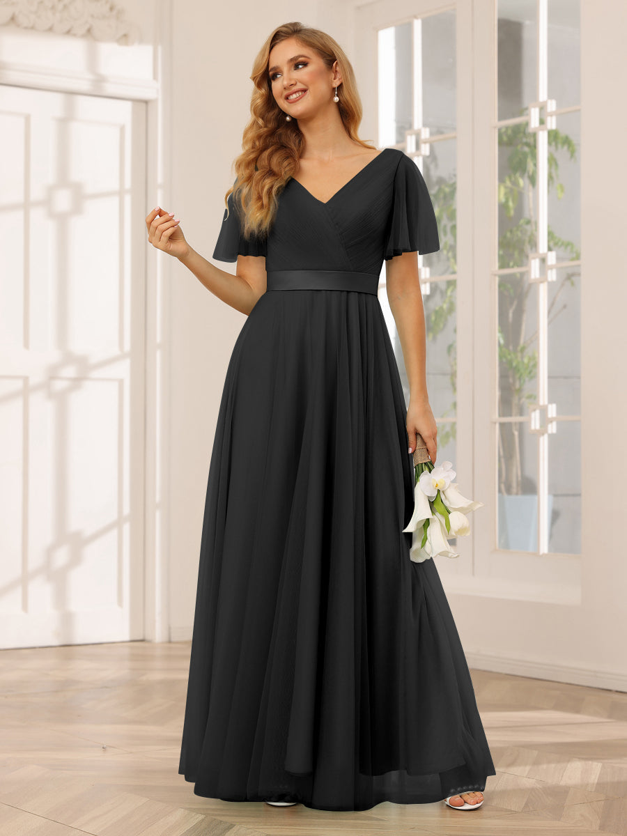 A-Line/Princess Tulle Long Bridesmaid Dresses with Sleeves Black