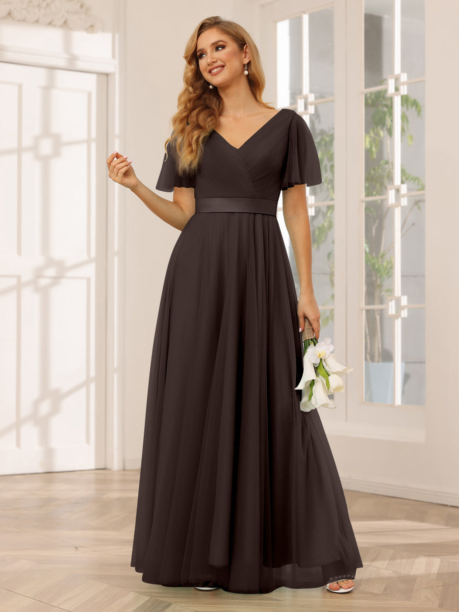 A-Line/Princess Tulle Long Bridesmaid Dresses with Sleeves Brown