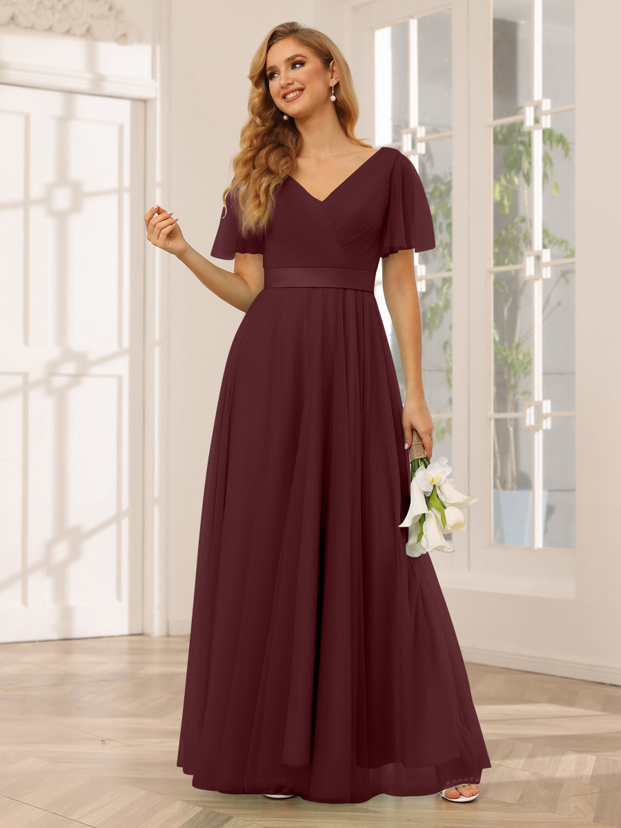 A-Line/Princess Tulle Long Bridesmaid Dresses with Sleeves Burgundy
