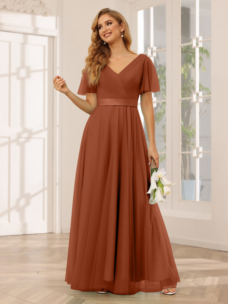 A-Line/Princess Tulle Long Bridesmaid Dresses with Sleeves Burnt Orange