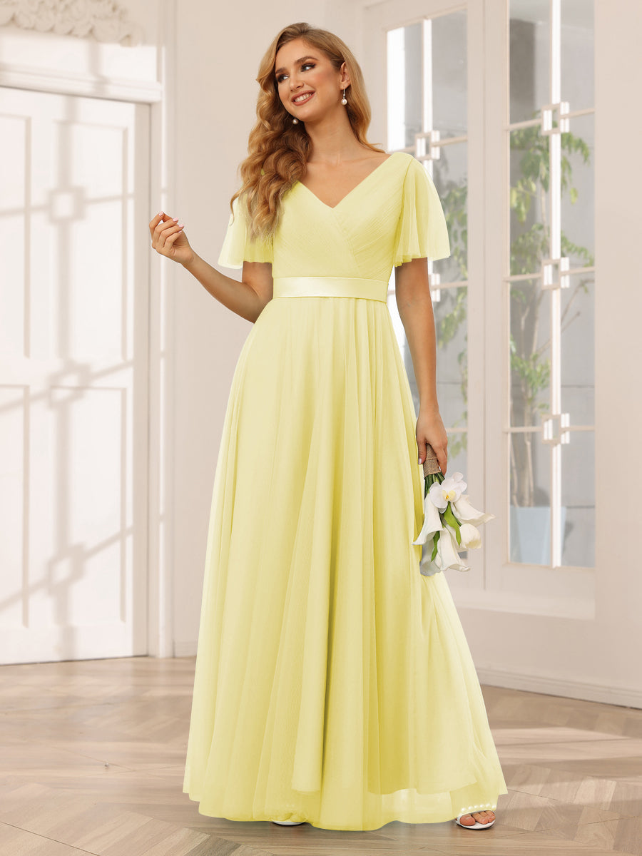 A-Line/Princess Tulle Long Bridesmaid Dresses with Sleeves Canary