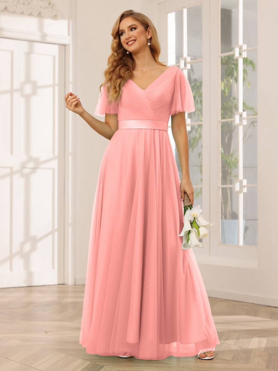 A-Line/Princess Tulle Long Bridesmaid Dresses with Sleeves Coral