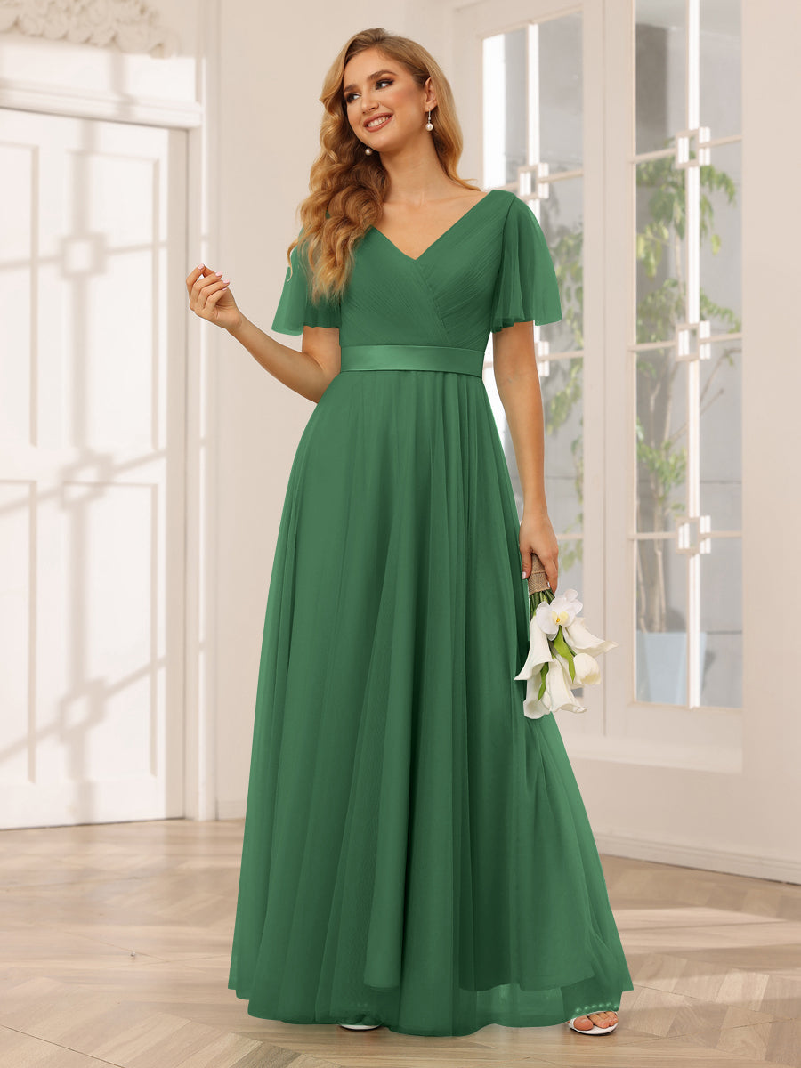 A-Line/Princess Tulle Long Bridesmaid Dresses with Sleeves Dark Green