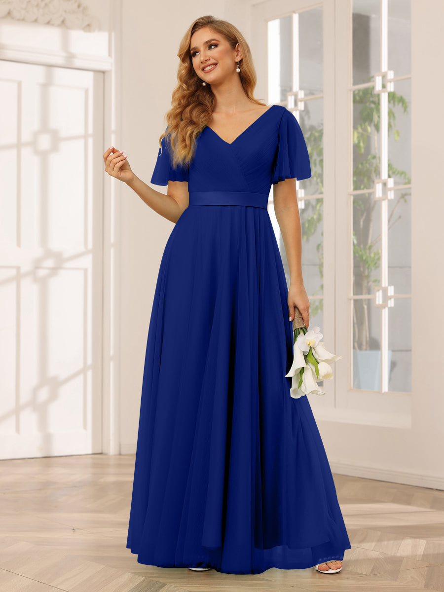 A-Line/Princess Tulle Long Bridesmaid Dresses with Sleeves Dark Royal Blue