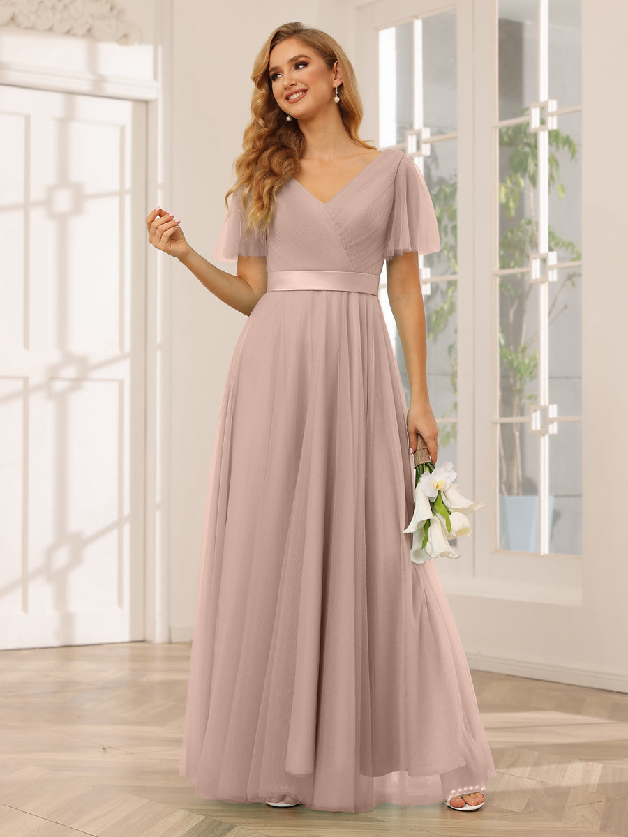 A-Line/Princess Tulle Long Bridesmaid Dresses with Sleeves Dusty Pink