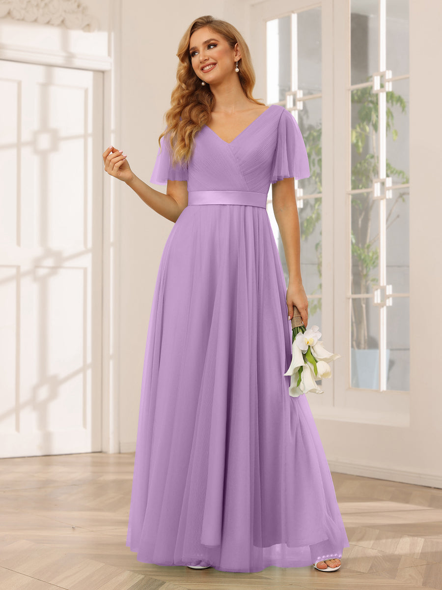 A-Line/Princess Tulle Long Bridesmaid Dresses with Sleeves Dusty Purple