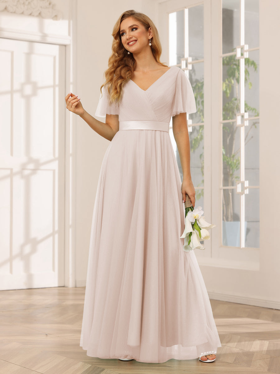 A-Line/Princess Tulle Long Bridesmaid Dresses with Sleeves Dusty Rose