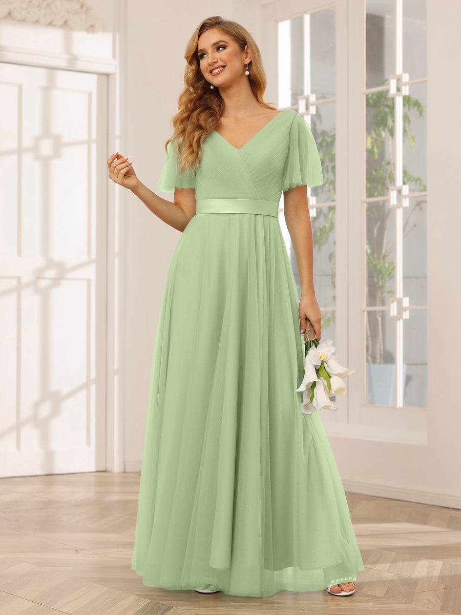 A-Line/Princess Tulle Long Bridesmaid Dresses with Sleeves Dusty Sage