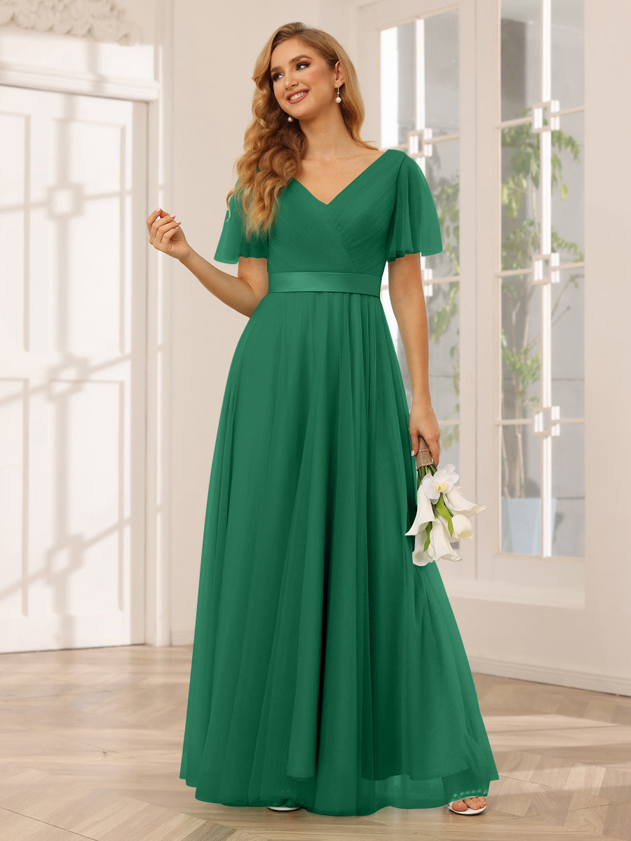 A-Line/Princess Tulle Long Bridesmaid Dresses with Sleeves Emerald