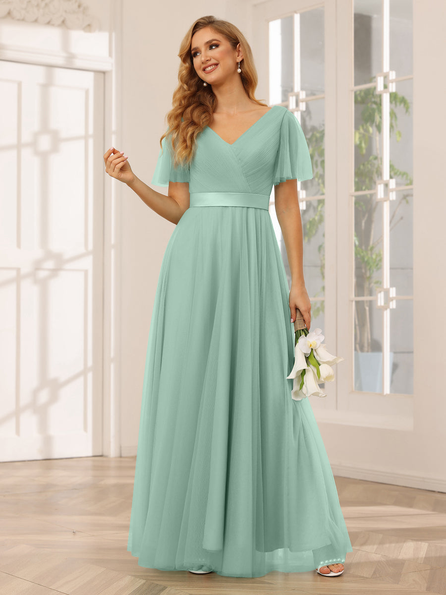 A-Line/Princess Tulle Long Bridesmaid Dresses with Sleeves Eucalyptus