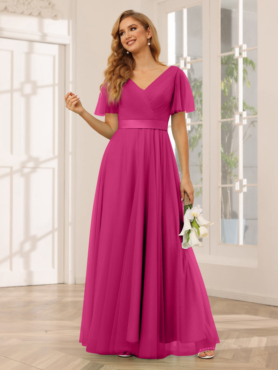 A-Line/Princess Tulle Long Bridesmaid Dresses with Sleeves Fuchsia