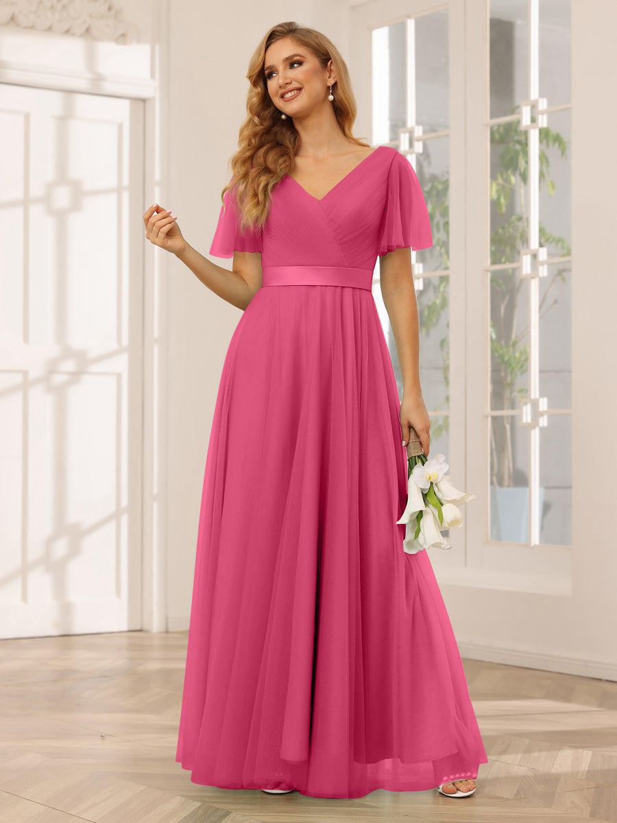 A-Line/Princess Tulle Long Bridesmaid Dresses with Sleeves Fuchsia Pink