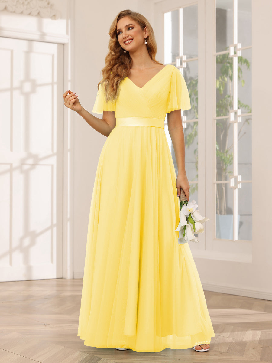 A-Line/Princess Tulle Long Bridesmaid Dresses with Sleeves Gold