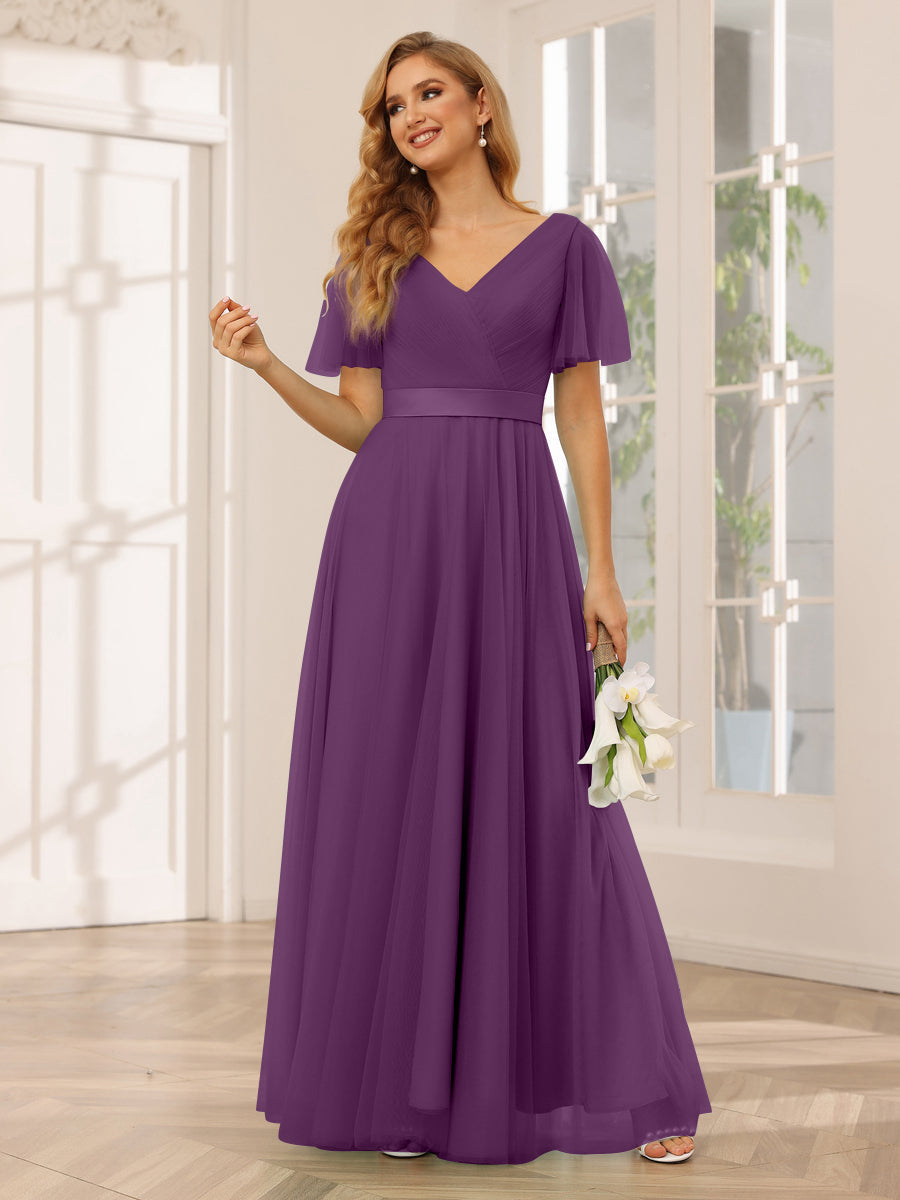 A-Line/Princess Tulle Long Bridesmaid Dresses with Sleeves Grape