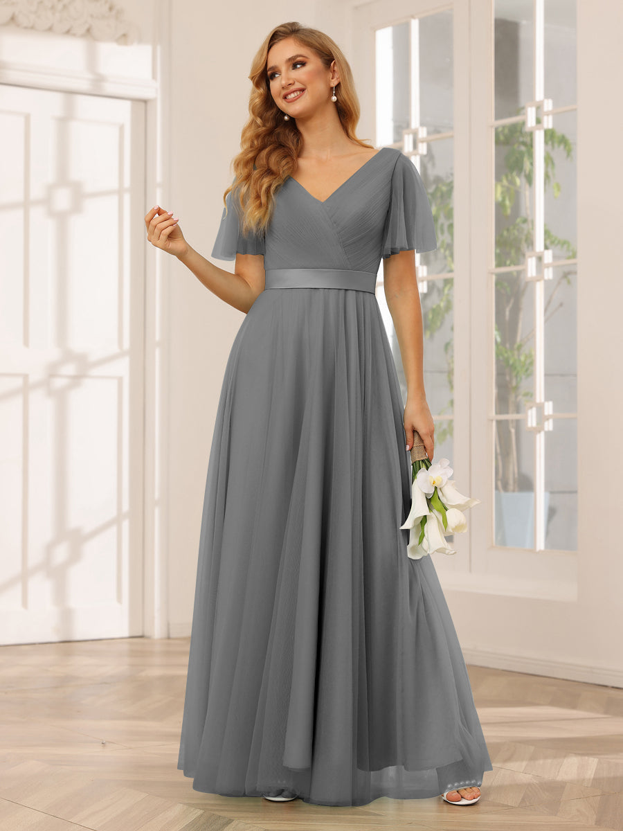 A-Line/Princess Tulle Long Bridesmaid Dresses with Sleeves Gray