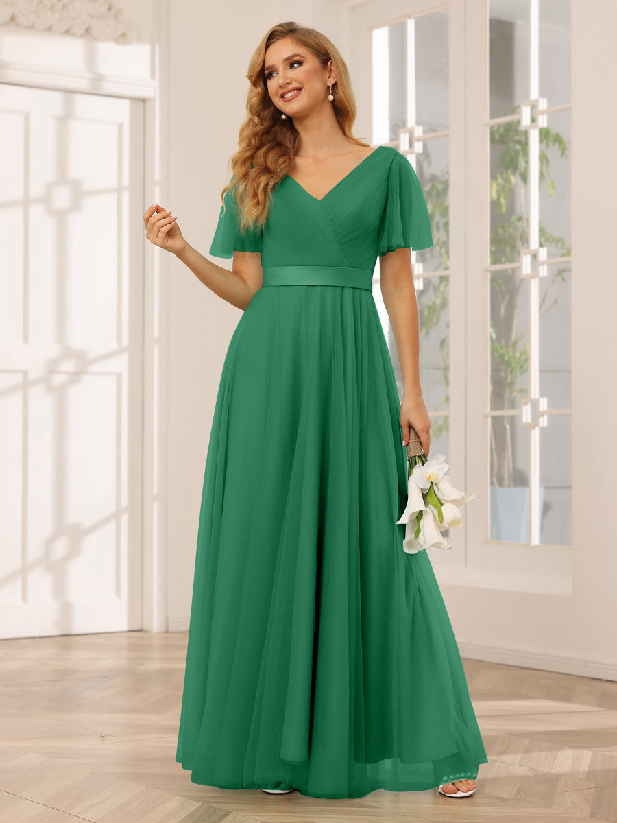 A-Line/Princess Tulle Long Bridesmaid Dresses with Sleeves Green