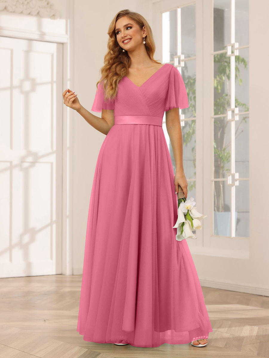 A-Line/Princess Tulle Long Bridesmaid Dresses with Sleeves Hot Pink