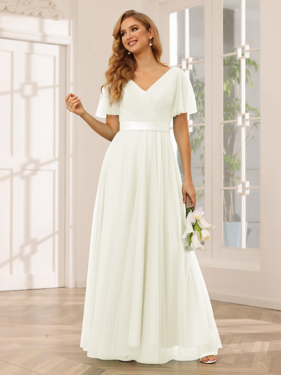 A-Line/Princess Tulle Long Bridesmaid Dresses with Sleeves Ivory
