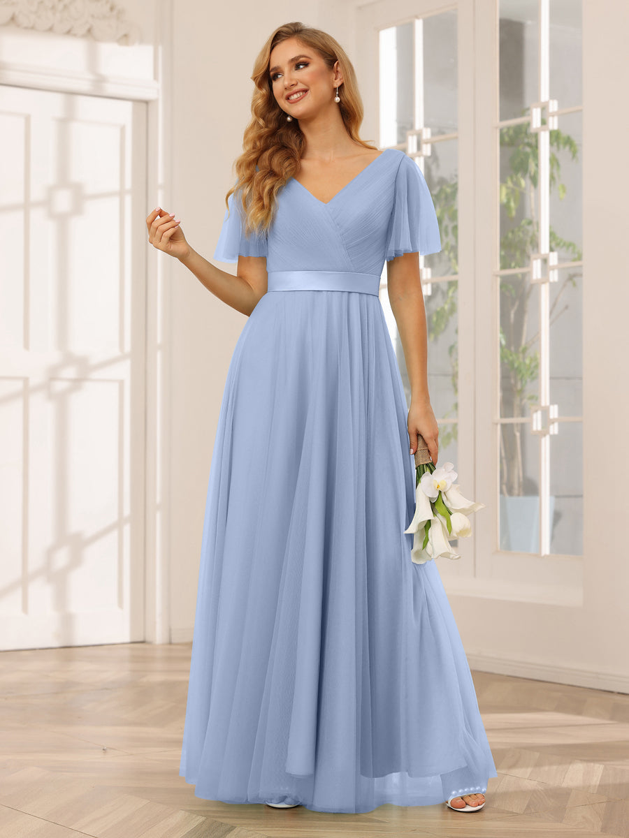 A-Line/Princess Tulle Long Bridesmaid Dresses with Sleeves Lavender