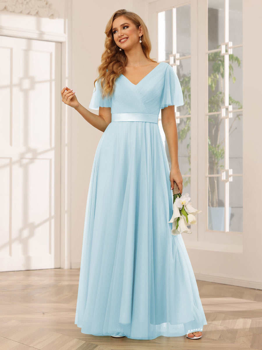 A-Line/Princess Tulle Long Bridesmaid Dresses with Sleeves Light Blue